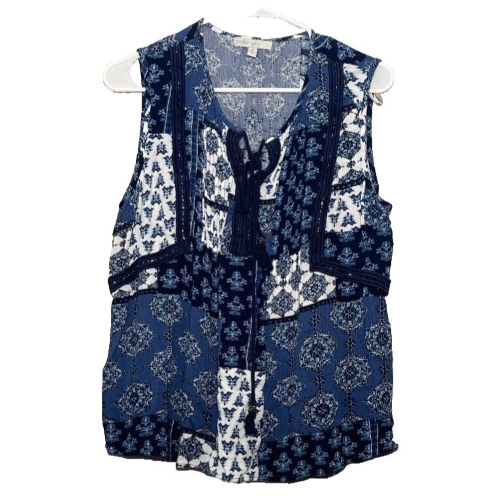 Pale Sky Sleeveless Top Women Medium‎ Blue Floral Patchwork Embroidered Boho